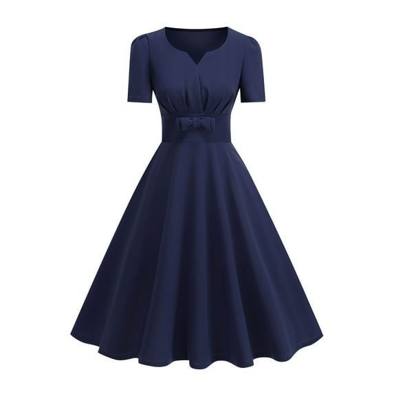 Roncen Women's Pure Color V-neck Vintage Dress with Pockets - Timeless and Elegant, Perfect for Wedding Guest or Small Events
