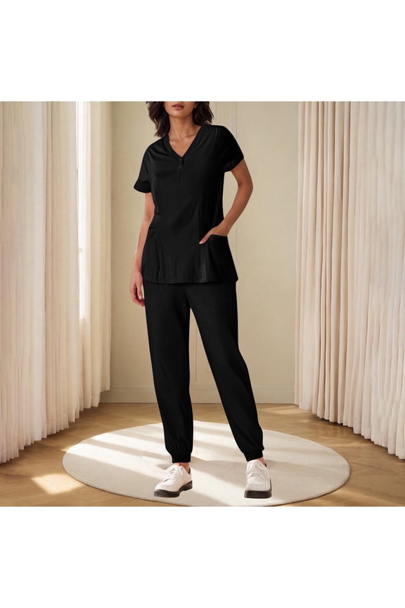 Women's Quick-Dry Nursing Uniform Set - Button-Down V-Neck Short Sleeve Top & Elastic Cuff Trousers with Professional Solid Color Scrubs & Comfort Fit