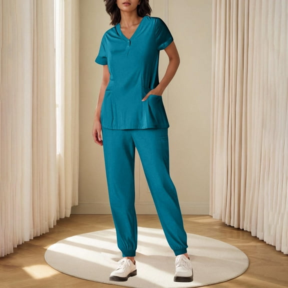 Roncen Women's Quick-Dry Nursing Uniform Set - Button-Down V-Neck Short Sleeve Top & Elastic Cuff Trousers with Professional Solid Color Scrubs & Comfort Fit