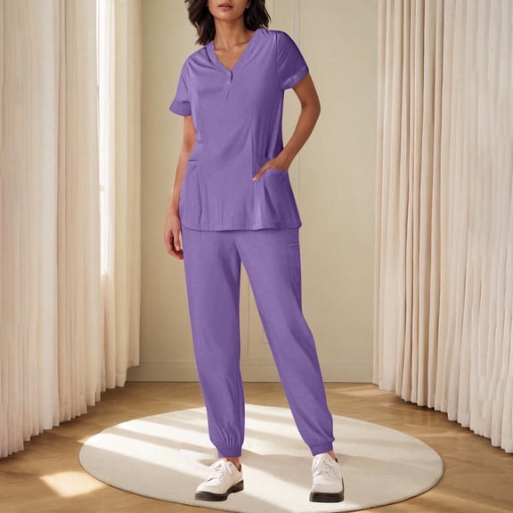 Roncen Women's Quick-Dry Nursing Uniform Set - Button-Down V-Neck Short Sleeve Top & Elastic Cuff Trousers with Professional Solid Color Scrubs & Comfort Fit