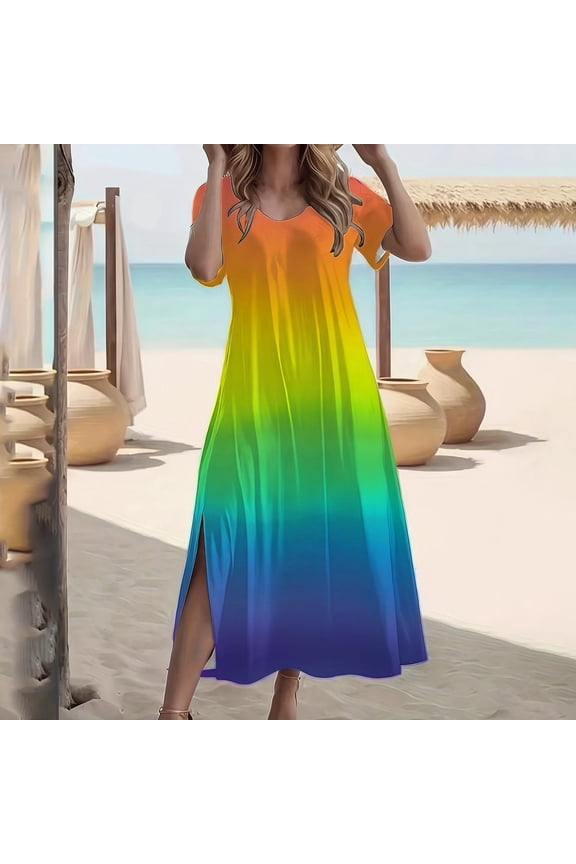Women's Rainbow Ombre Midi Dress, V-Neck Short Sleeve Dress with High Slit - Casual Boho Beach Dress