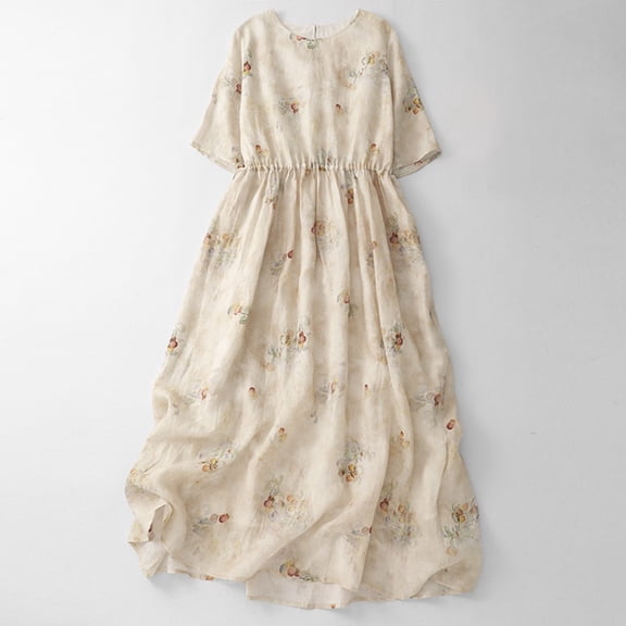 Roncen Women's Retro Chinese Ramie Dress - Elegant Mid-Length Casual Wear