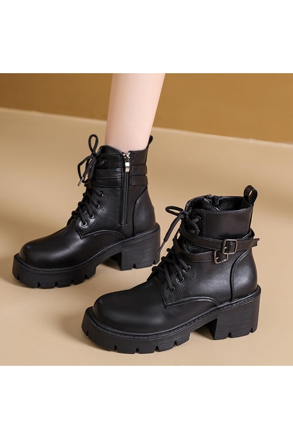 Women's Retro Chunky Heel Martin Boots - Winter Fashion Casual Belt Buckle Ankle Boots with Mid Heel, British Style Work Boots for Daily Wear