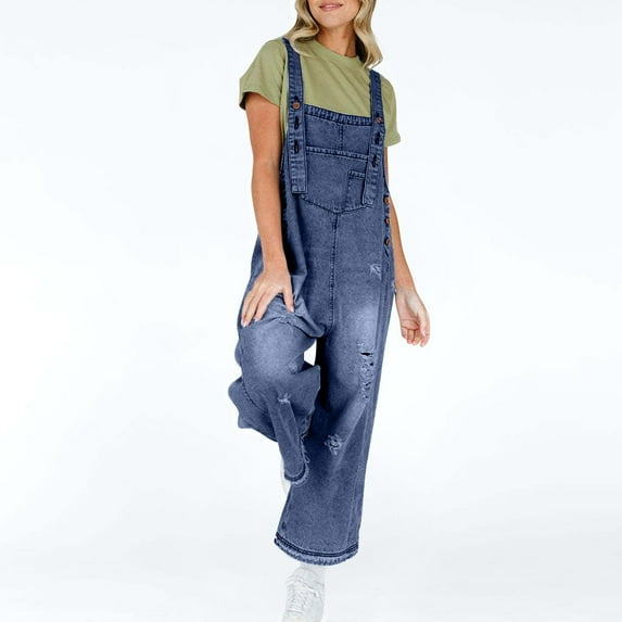 Roncen Women's Retro Denim Overalls - Casual Style Wide-Leg Jumpsuit with Adjustable Straps & Comfort Fit