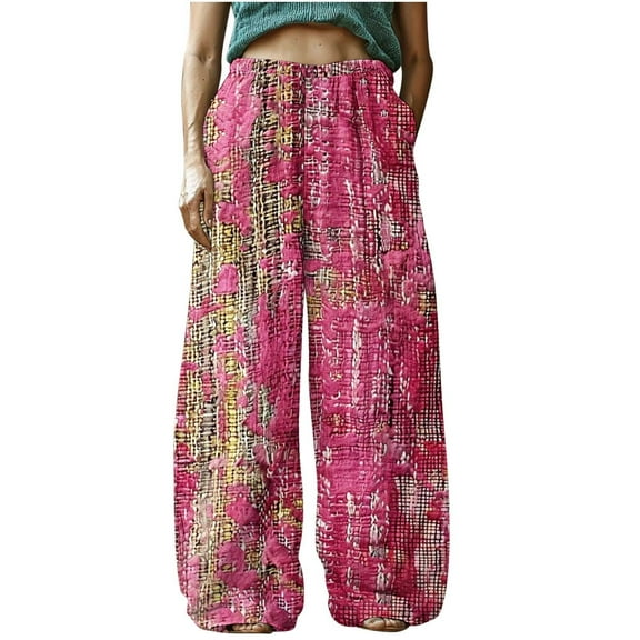 Roncen Women's Retro Printed Bohemian Pants - Cotton Linen Elastic Waist Casual Trousers with Pockets