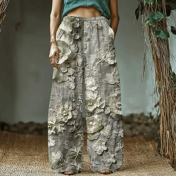 Roncen Women's Retro Printed Cotton Linen Pants - Bohemian Casual Trousers with Elastic Waist & Pockets