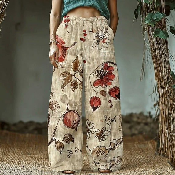 Roncen Women's Retro Printed Cotton Linen Pants - Bohemian Style Casual Elastic Waist Trousers with Pockets
