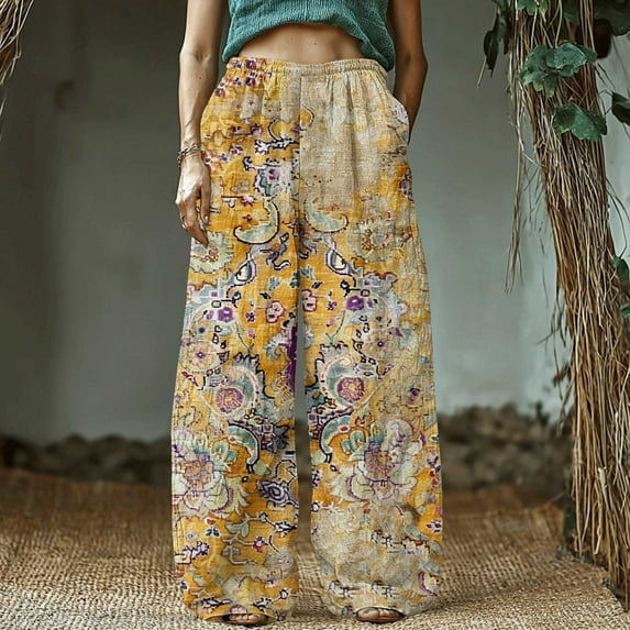 Roncen Women's Retro Printed Cotton-Linen Pants - Bohemian Style Elastic Waist Casual Trousers with Pockets