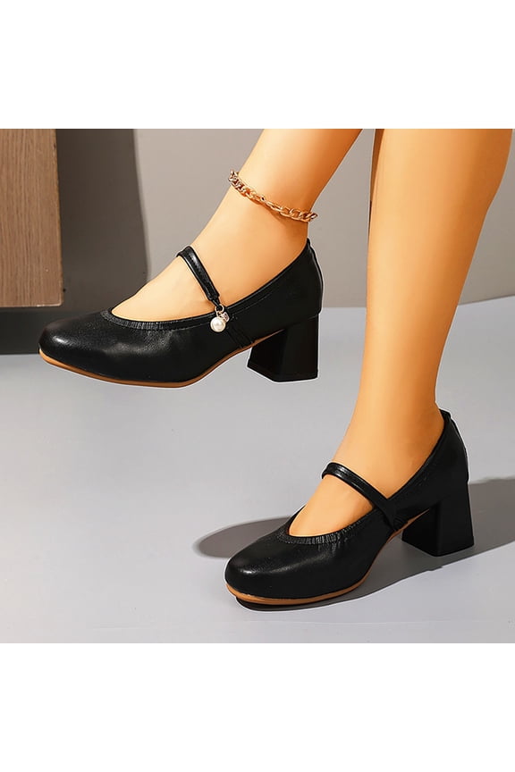 Women's Retro Round Toe High Heels - Fashion Casual Solid Color Low-Cut Pumps with Buckle Strap and Chunky Heel for All-Day Comfort