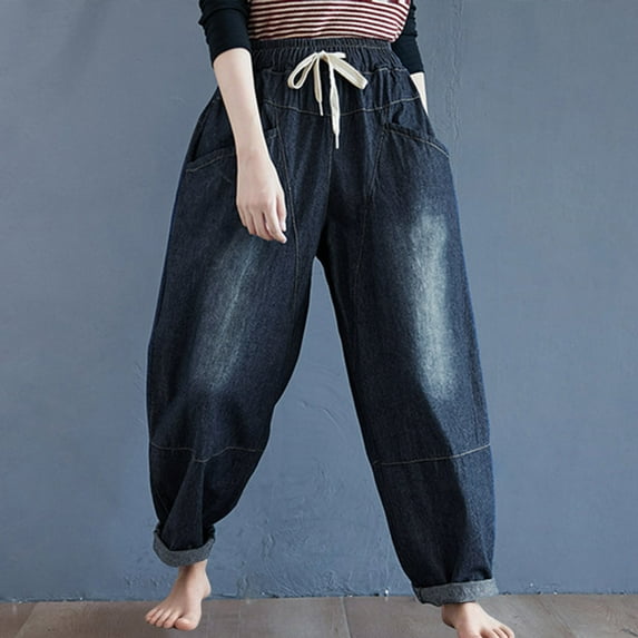 Roncen Women's Retro Solid Jeans Harem Pants - High Waist Vintage-Style Trousers with Dual Pockets & Comfort Fit