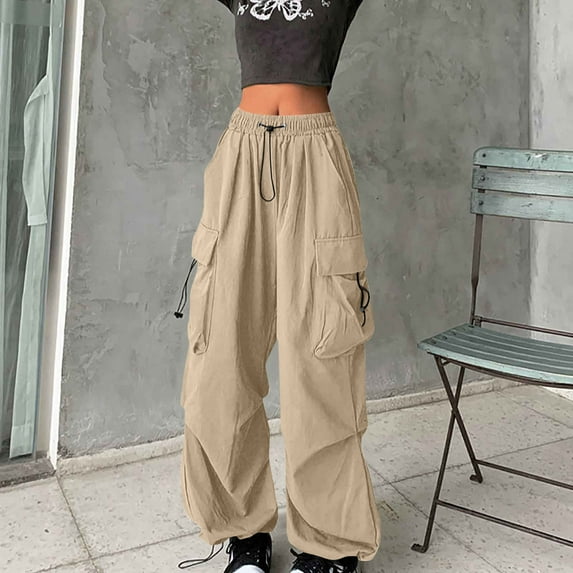 Roncen Women's Retro Streetwear Cargo Pants - Elastic Waist with Drawstring & Functional Pockets, Casual Utility Trousers with Vintage Design