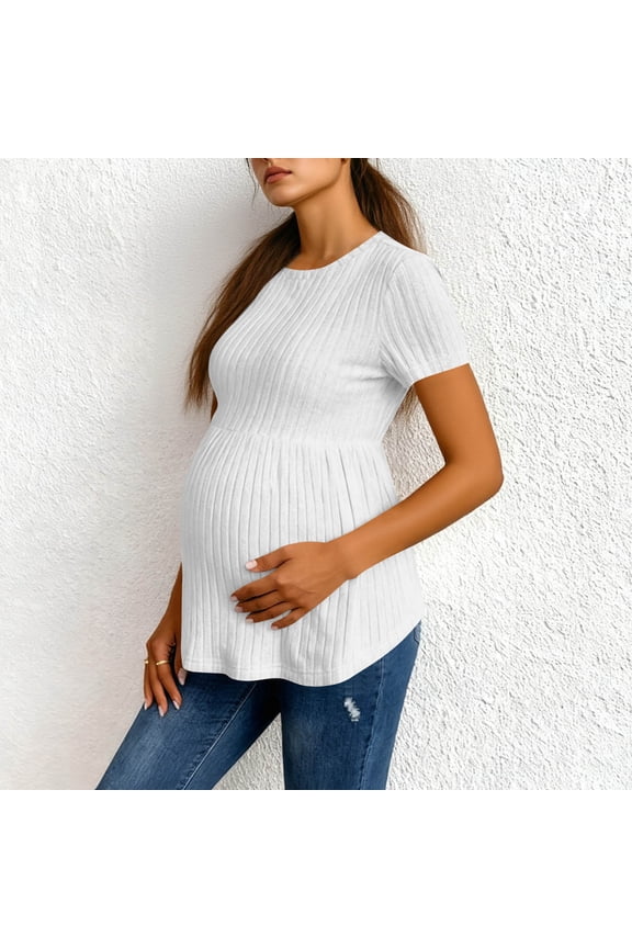 Women's Ruffle Hem Maternity T Shirt Short Sleeve Crewneck Ribbed Knit Peplum Tee Tops