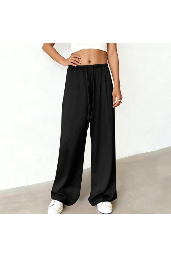 Women's Satin Pants Drawstring Waist Straight Leg Chocolate Silk Lounge Pants