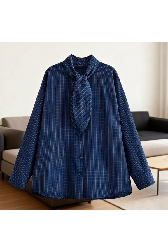 Women's Scarf Collar Plaid Shirt, Long Sleeve Stand Neck Button Down Blouse with Tie Detail, Casual Tunic Top