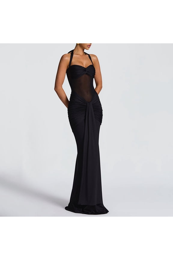 Women’s Sexy Halter Twist Knot Maxi Dress Draped Ribbon Ruched Cocktail Dress Sheer Mesh Bodycon Formal Dresses
