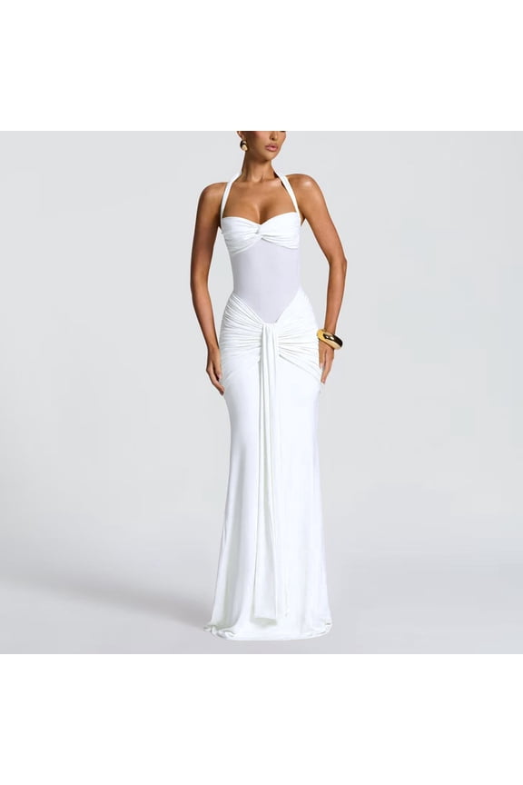 Women’s Sexy Halter Twist Knot Maxi Dress Draped Ribbon Ruched Cocktail Dress Sheer Mesh Bodycon Formal Dresses