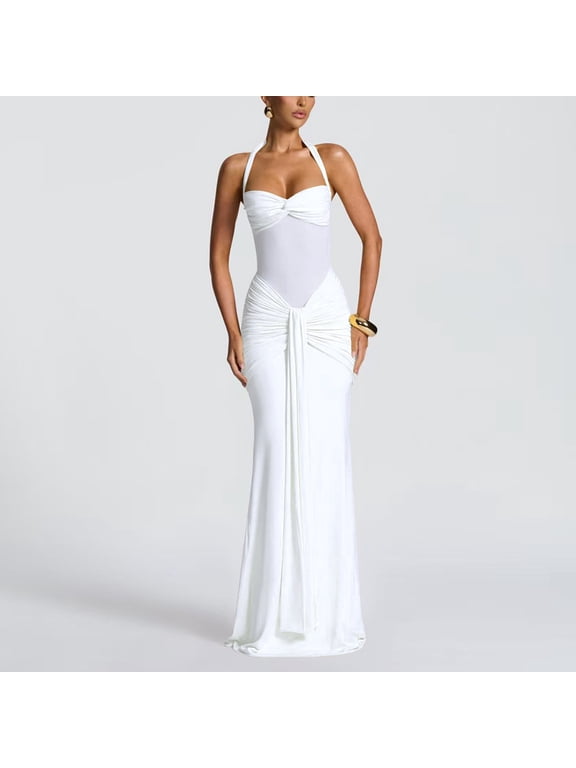 Women’s Sexy Halter Twist Knot Maxi Dress Draped Ribbon Ruched Cocktail Dress Sheer Mesh Bodycon Formal Dresses