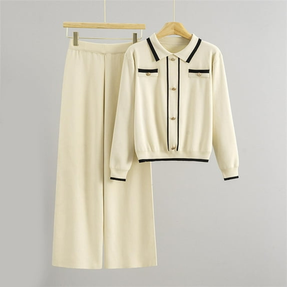 Roncen Women's Shawl Collar Knit Set - Button Front Cardigan & High Waist Wide Leg Pants, Loose Fit Loungewear Two Piece Outfit for Work from Home