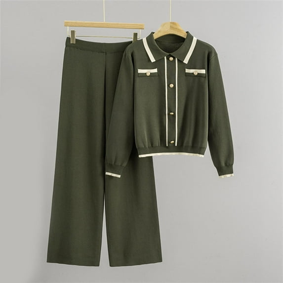 Roncen Women's Shawl Collar Knit Set - Button Front Cardigan & High Waist Wide Leg Pants, Loose Fit Loungewear Two Piece Outfit for Work from Home