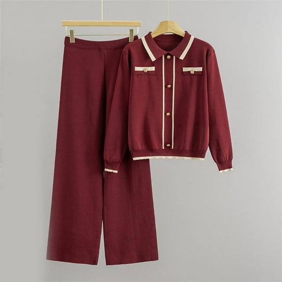 Roncen Women's Shawl Collar Knit Set - Button Front Cardigan & High Waist Wide Leg Pants, Loose Fit Loungewear Two Piece Outfit for Work from Home