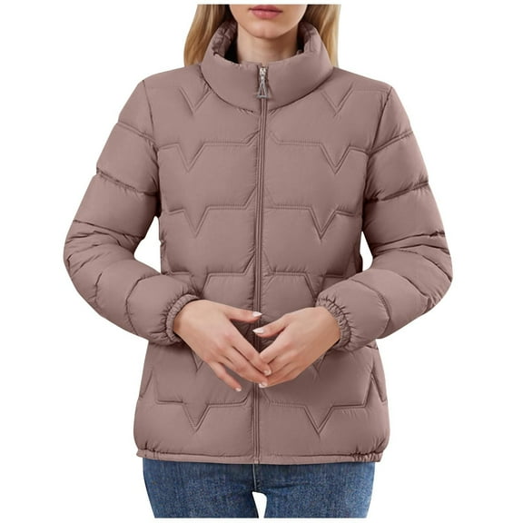 Roncen Women's Short Puffer Jacket - Loose Fit Casual Winter Coat with Stand Collar - Long Sleeve Zip-Up Outerwear with Zippered Pockets