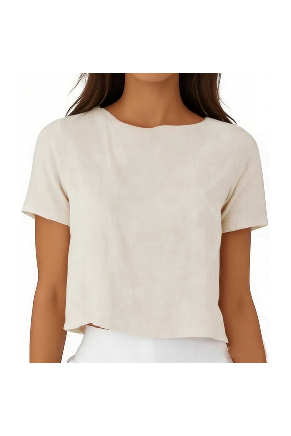 Women's Short Sleeve Crop Tops Linen T Shirts Crew Neck Summer Clothes Casual Loose Solid Tees