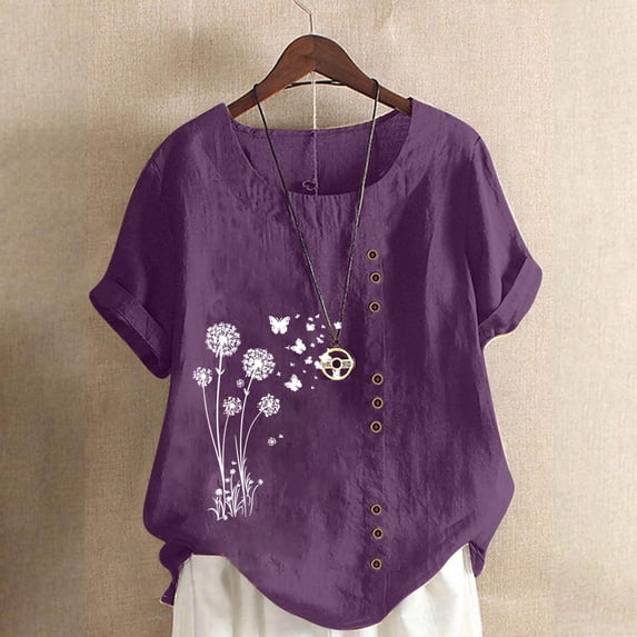 Roncen Women's Short Sleeve Daisy Print T-Shirt - Button Detail Crewneck Top in Cotton-Linen Feel Fabric