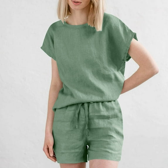 Roncen Women's Short-Sleeve Linen Cotton Two-Piece Set - Breathable Solid Color Outfit with Casual Top & Pants for Summer Comfort