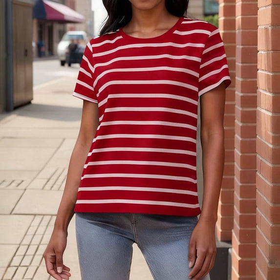 Roncen Women's Short Sleeve Striped Shirt Summer Crewneck T Shirt Basic Tops