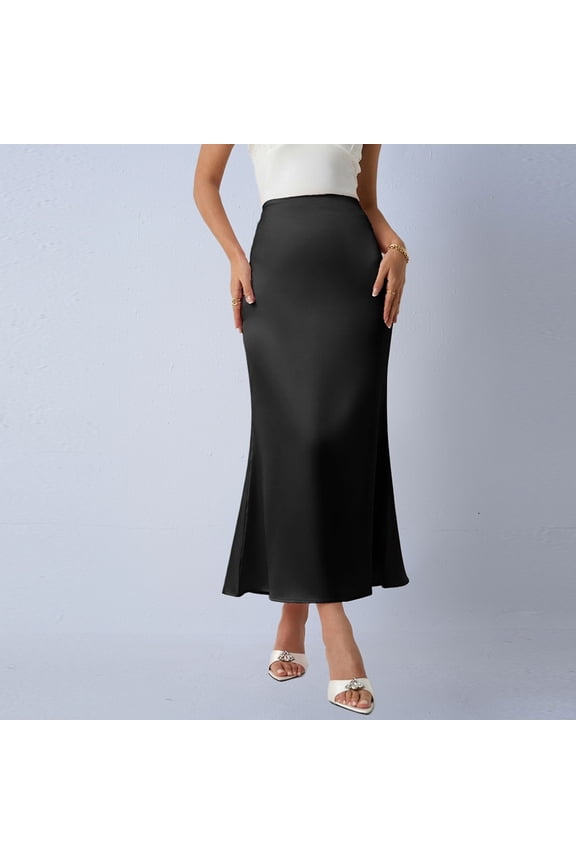 Women's Silk Satin Maxi Skirt High Waist Elastic A Line Fishtail Elegant Work Elastic Long Skirts