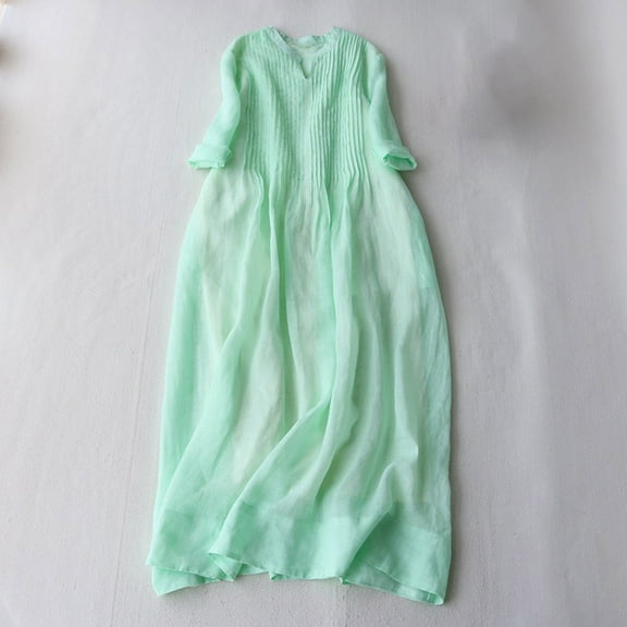 Roncen Women's Simple and Elegant Cotton Linen Dress - Casual Loose Fit Midi Dress