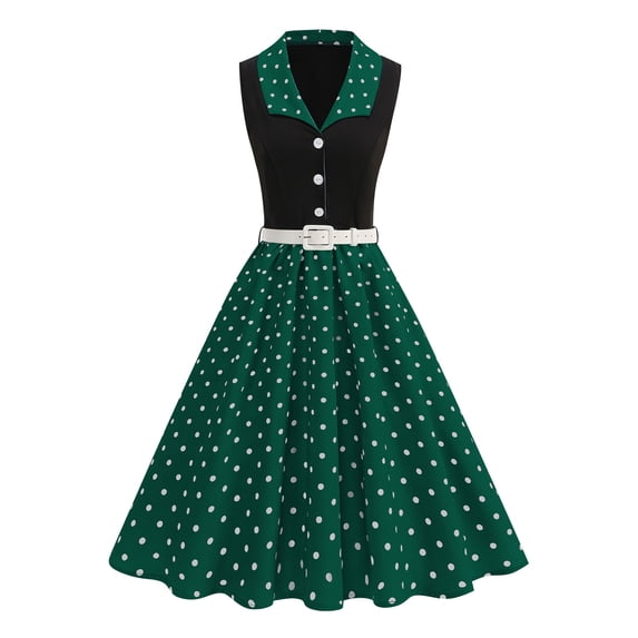 Roncen Women's Sleeveless Polka Dot Dress - Cotton Peter Pan Collar Elegant Cocktail Dress with V-Neck for Wedding Guest Attire, Casual Party Wear