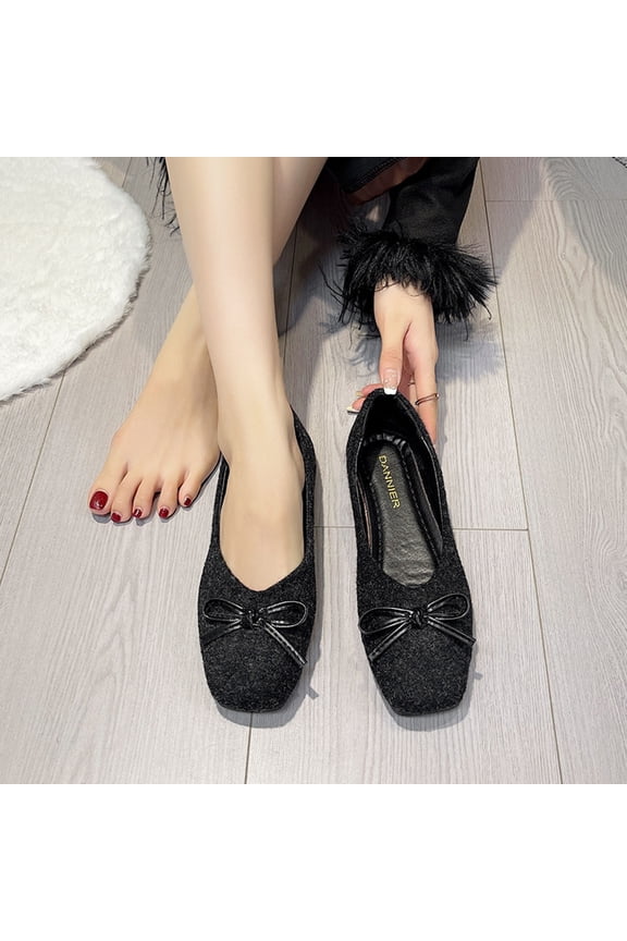 Women's Slip-On Flat Shoes - Fashionable Square Toe Bow Decor Chunky Flats with Comfortable Low-Cut Design for Fall Winter Outfits