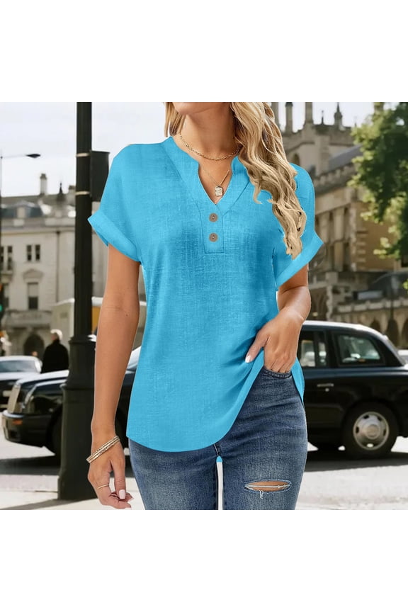 Women's Slub Cotton Top - Short Sleeve V-Neck Button Front Shirt, Relaxed Fit Linen Look Blouse