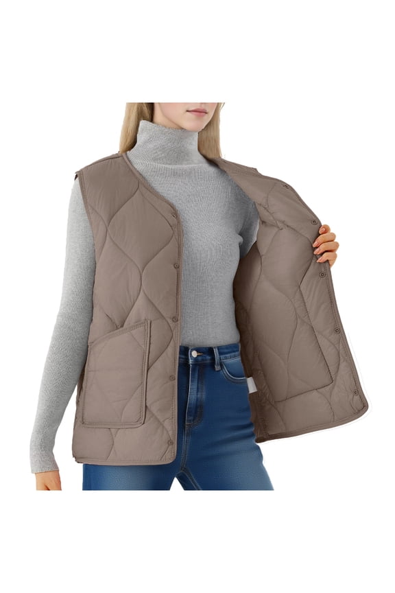 Women's Snap Button Cotton Vest - Casual Sleeveless Hoodless Lightweight Outerwear with Pockets - Layering Quilted Waistcoat for Spring/Fall Seasons