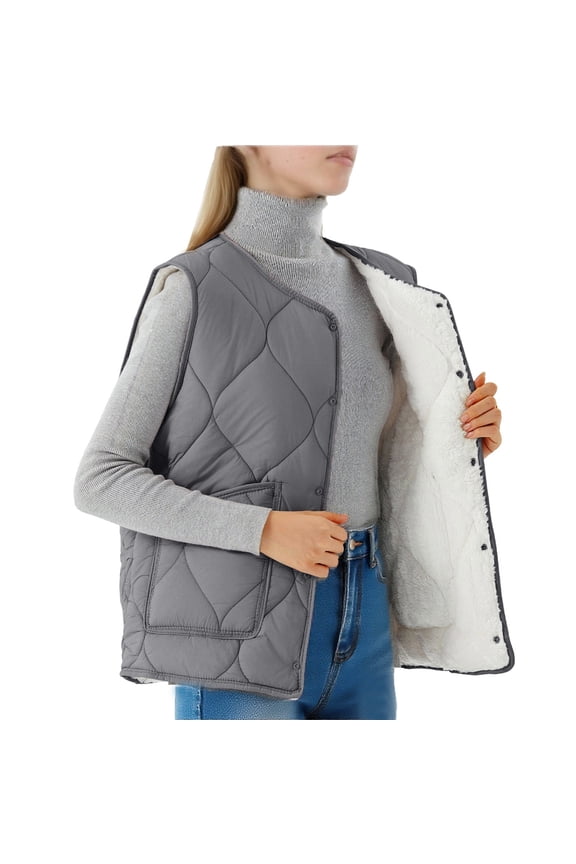 Women's Snap Button Fleece-Lined Vest - Warm Quilted Insulation Casual Outerwear Cotton Waistcoat - Front Pockets Button-Up Layering Winter Sleeveless Jacket