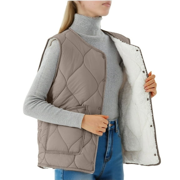 Roncen Women's Snap Button Fleece-Lined Vest - Warm Quilted Insulation Casual Outerwear Cotton Waistcoat - Front Pockets Button-Up Layering Winter Sleeveless Jacket