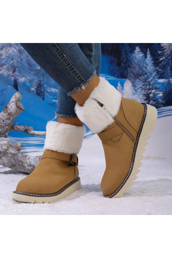 Women's Snow Boots - Versatile Stylish Side Zipper with Belt Buckle, Large Size Winter Comfortable Elevated Lined Winter Warm Ankle Boots for Cold Weather