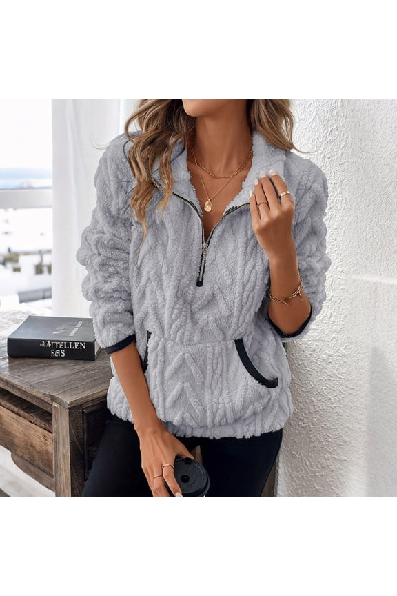 Women's Soft Fleece Cable Knit Sweater with Stand Collar and Half Zip Front Pockets