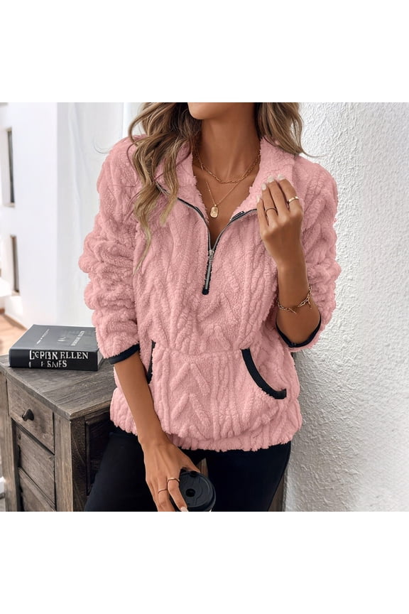 Women's Soft Fleece Cable Knit Sweater with Stand Collar and Half Zip Front Pockets