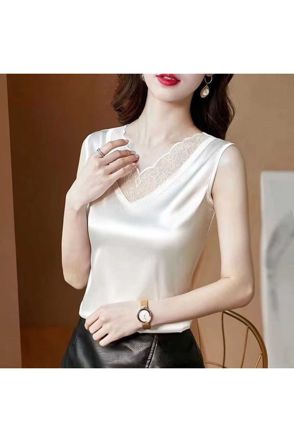 Women's Soft Silky Satin Under Blouse Sleeveless Camisole with V-Neck Floral Lace Trim and Wide Straps