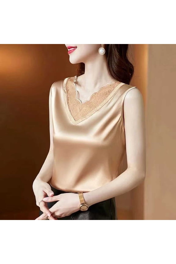 Women's Soft Silky Satin Under Blouse Sleeveless Camisole with V-Neck Floral Lace Trim and Wide Straps
