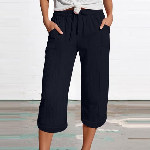 Roncen Women's Solid 3/4 Capri Pants - Summer Casual Elastic Waist Trousers with DNaturalstring & Pockets