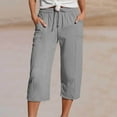 thumbnail image 1 of Roncen Women's Solid 3/4 Length Pants - Summer Casual Elastic Waist Trousers with DNatural​​string Tie & Side Pockets, 1 of 5