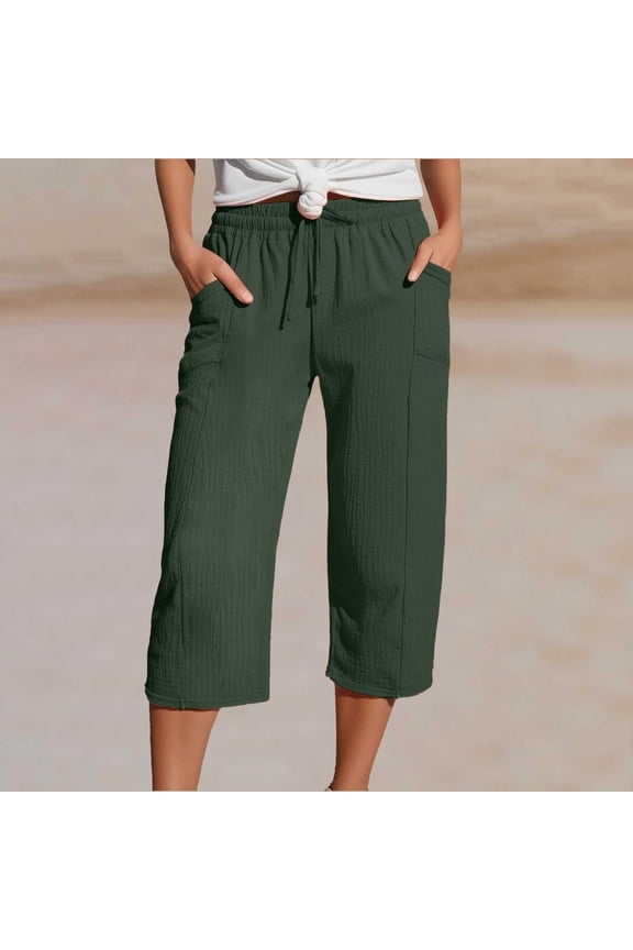 Women's Solid 3/4 Length Pants - Summer Casual Elastic Waist Trousers with DNaturalstring Tie & Side Pockets