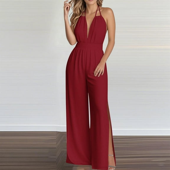 Roncen Women's Solid Backless Jumpsuit - Loose Fit Wide Leg Overalls with Split Hem, Elastic Waist & Sleeveless Shoulder Straps