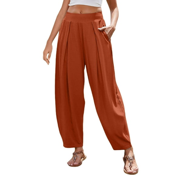 Roncen Women's Solid Boho Pants - Loose Fit Wide Waist Casual Trousers with Bohemian Style