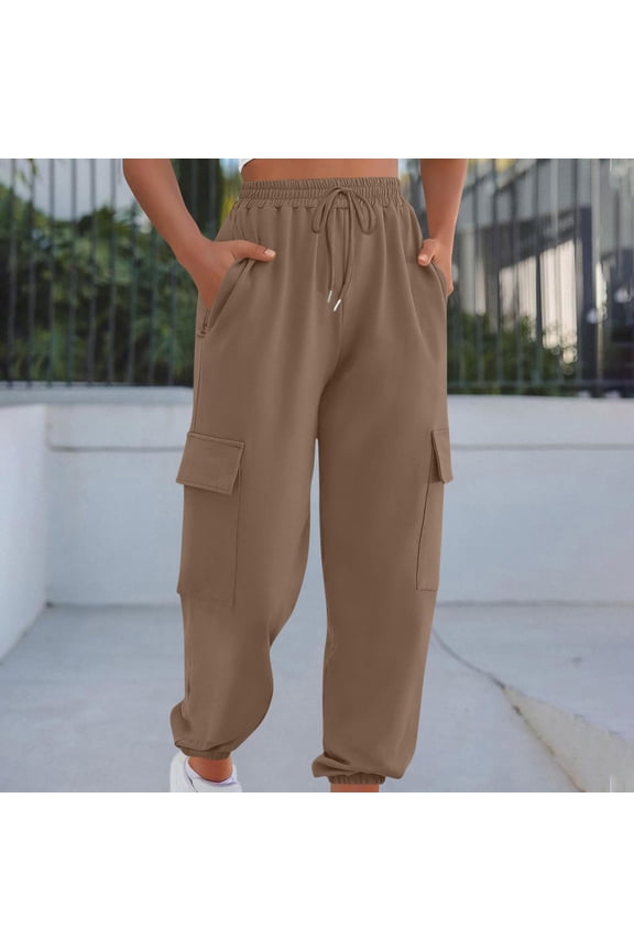 Women's Solid Cargo Jogger Pants - Loose Fit Casual Elastic Cuff Trousers with Drawstring Waist & Side Cargo Pockets