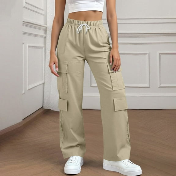 Roncen Women's Solid Cargo Pants - Casual Straight Leg Elastic Waist Trousers with Relaxed Fit & Functional Pockets
