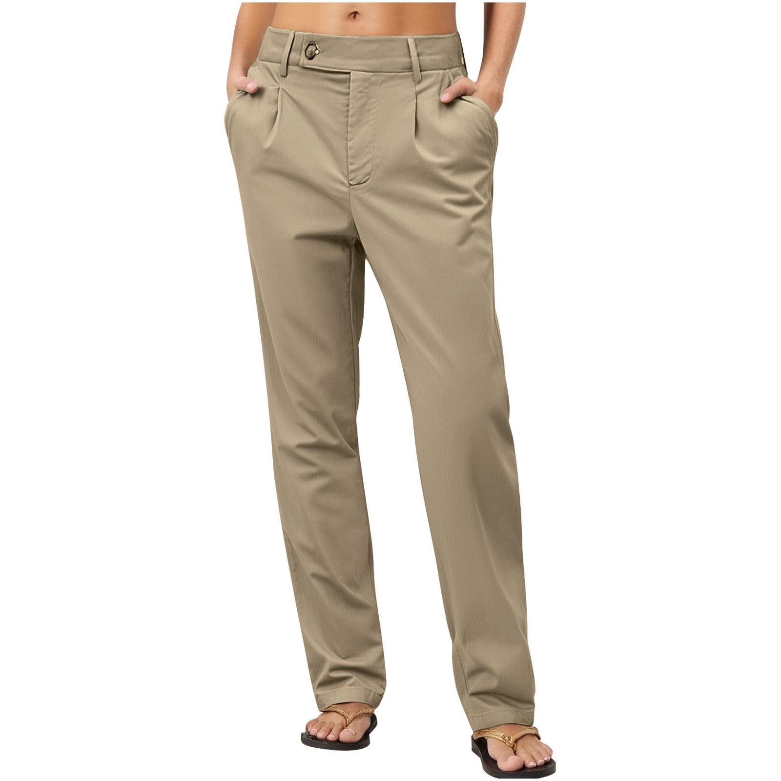 Women's Solid Cargo Pants - Casual Straight Leg Trousers with Buttoned Pockets & Functional Design